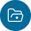 Icon of a white open folder outline with a small central dot, set against a solid dark blue circle.